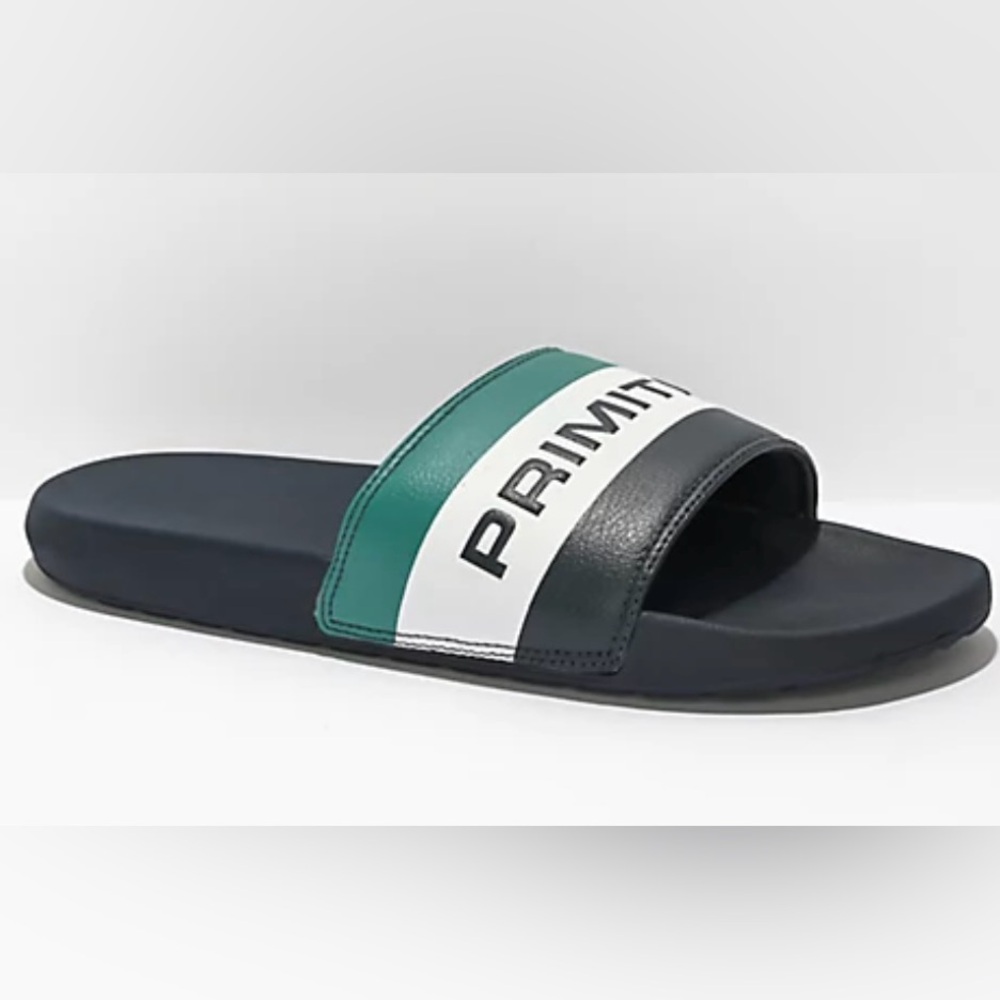 NWT Primitive level black/teal slide sandals. Size 5m. Original packaging